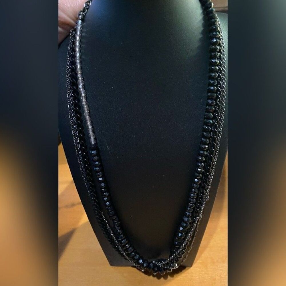 Black Glass Beaded Multi Strand Necklace Layered Statement Lobster 22" Jewelry